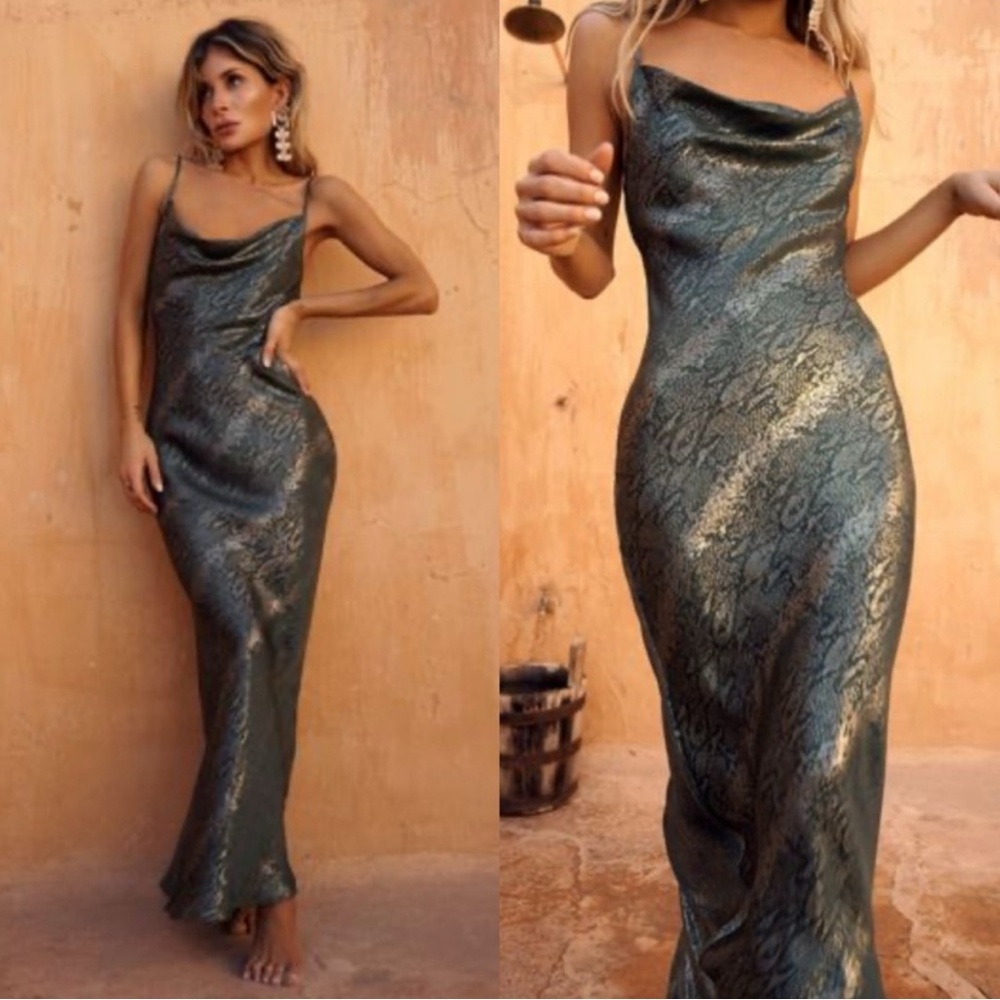 NWT Rat and Boa Alessandra Silk Slip Green metallic Dress Snakeskin Print Sz L